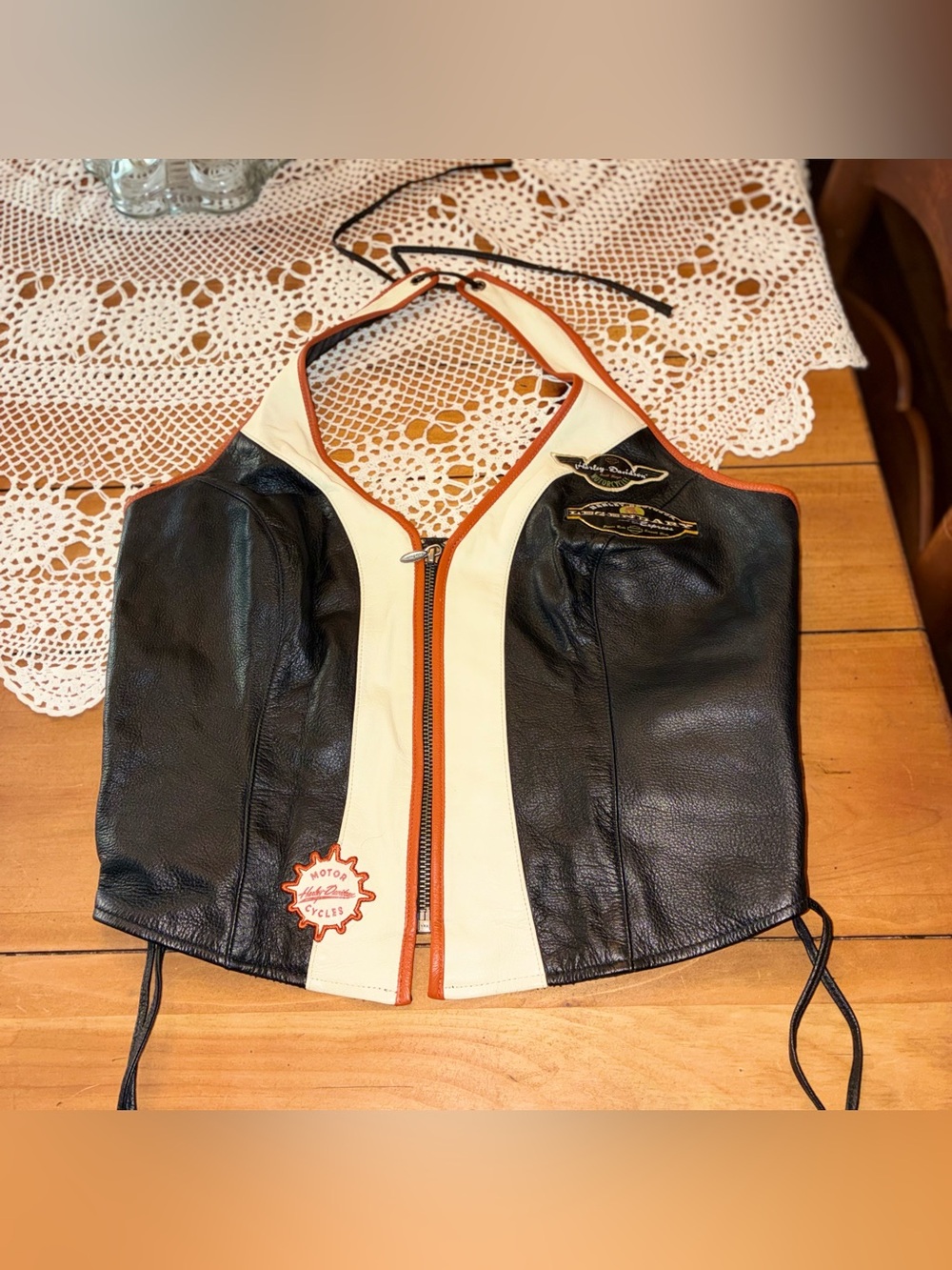 Harley-Davidson Vintage Black and Cream Leather Corset or Halter Top